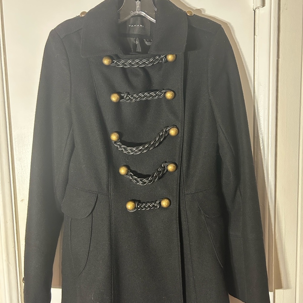 Tahari Military style black pea coat with Gold Buttons